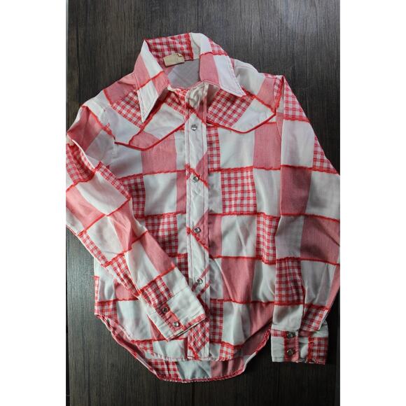 True VTG Western Art boys long sleeve pearl snap red whit gingham 10 pearly - Picture 1 of 8